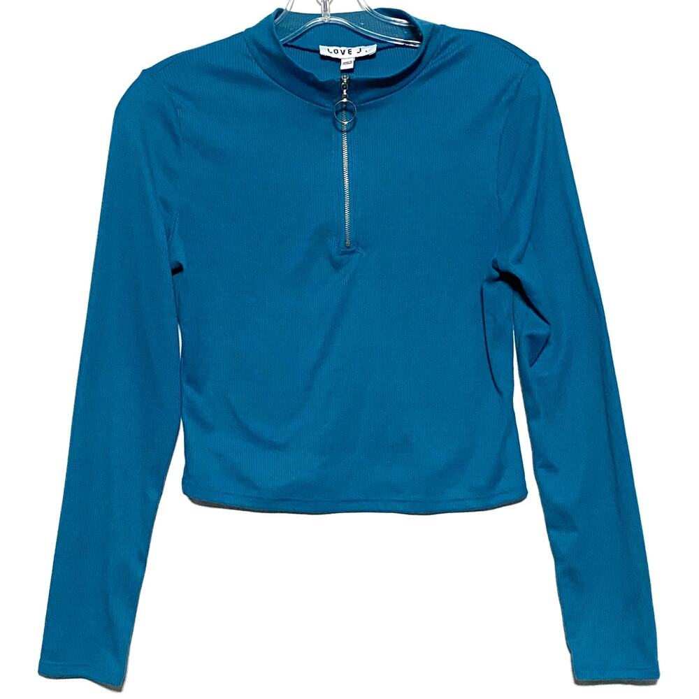 Love J Blue Ribbed Cropped Ring Pull Half Zip Sweater Womens L Y2K Casual Chic